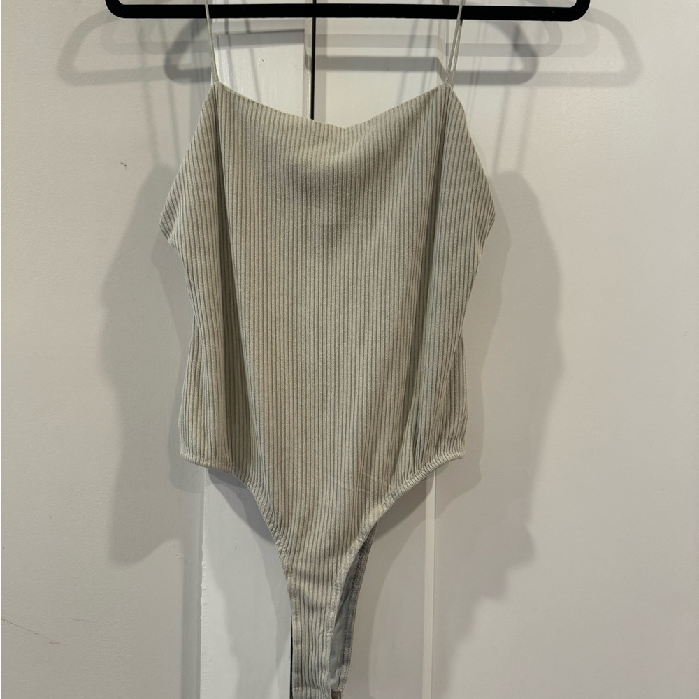 Ribbed Strappy Bodysuit in a light sea foam green